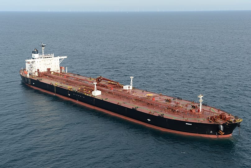 The tanker Boracay that allegedly belongs to Russia's so-called shadow fleet, is seen Thursday, 2 October, 2025, off Saint-Nazaire, France's Atlantic coast.