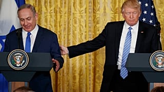 US President Donald Trump and Israeli Prime Minister Benjamin Netanyahu during a news conference in the East Room of the White House, 2017.