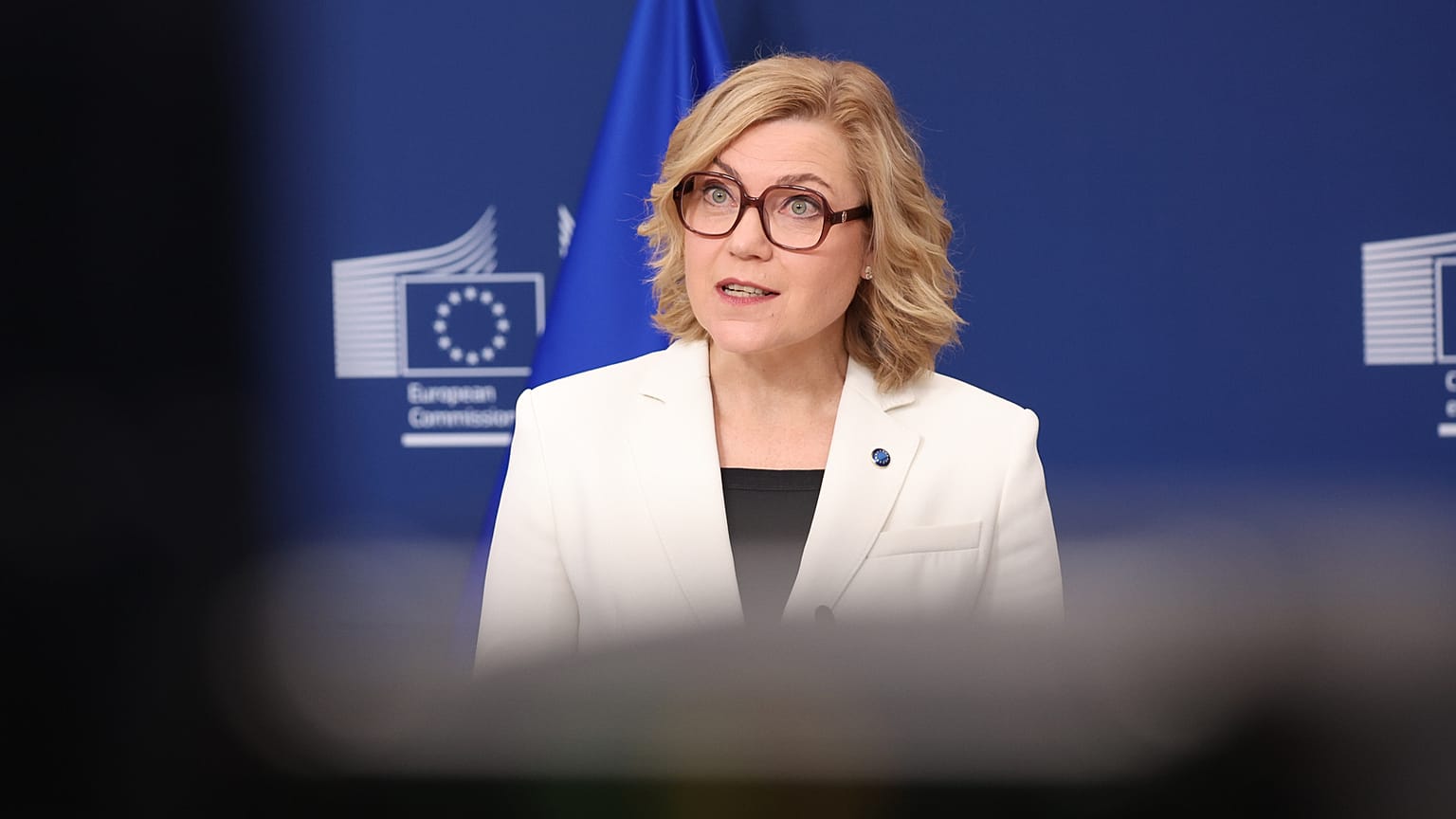 European Commissioner for Tech Sovereignty, Security and Democracy Henna Maria Virkkunen speaks during a media conference at EU headquarters in Brussels, Wednesday, April 15, 