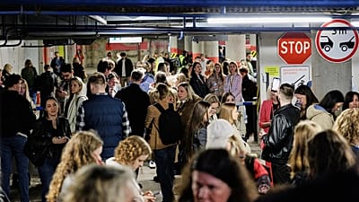 People take shelter in an underground car park during an air raid alert in Vilnius, 20 May, 2026