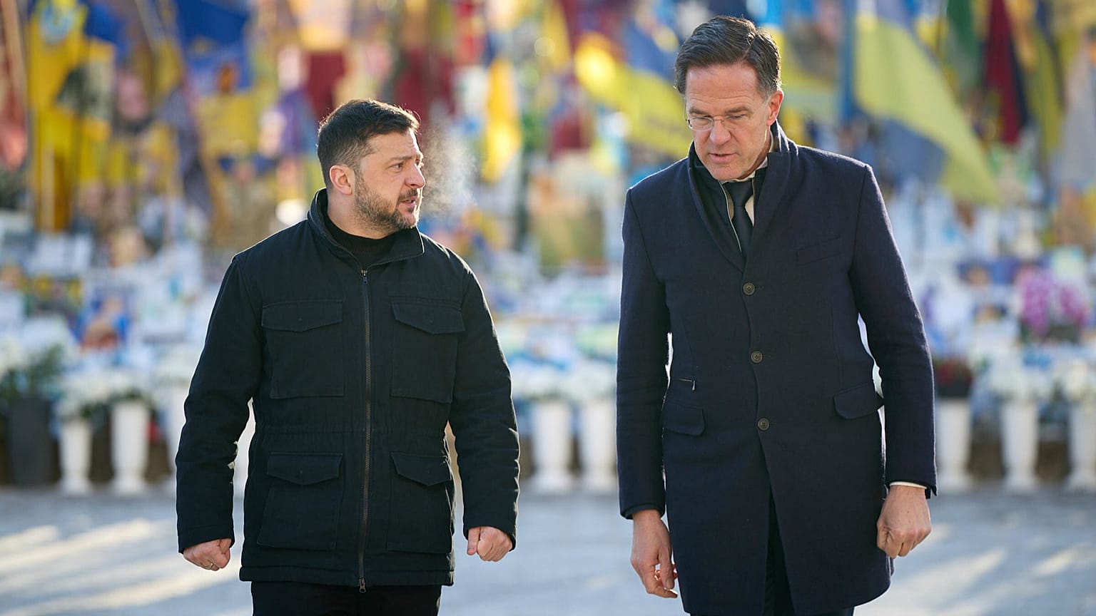 Ukrainian President Volodymyr Zelenskyy and NATO Secretary General Mark Rutte at the memorial of fallen Ukrainian soldiers at Independence Square in Kyiv, Feb. 3, 2026.