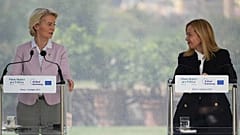 Italy's Prime minister Giorgia Meloni, right and the President of the European Commission Ursula von der Leyen hold a press statement at press conference. June, 2025.