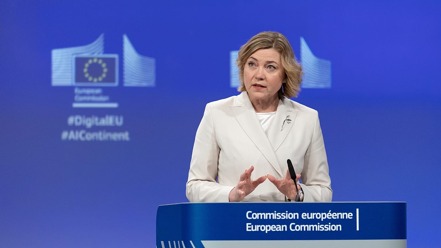 Henna Virkkunen, European Commissioner for Tech-Sovereignty, Security and Democracy gives a press conference at EU headquarters in Brussels, Belgium, Wednesday, April 9, 2025.