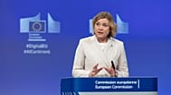 Henna Virkkunen, European Commissioner for Tech-Sovereignty, Security and Democracy gives a press conference at EU headquarters in Brussels, Belgium, Wednesday, April 9, 2025.