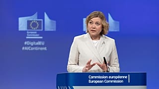 Henna Virkkunen, European Commissioner for Tech-Sovereignty, Security and Democracy gives a press conference at EU headquarters in Brussels, Belgium, Wednesday, April 9, 2025.
