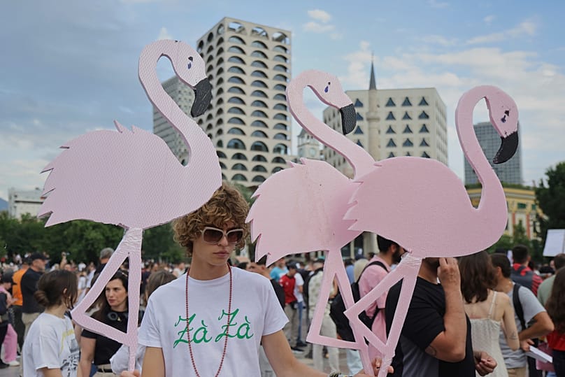 Protesters hold pink flamingo cutouts during a demonstration in Tirana, 3 June, 2026