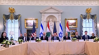 US Ambassador to Israel Mike Huckabee, second from left, is joined by third from left: State Department Chief of Staff Dan Holler, Tuesday, June 2, 2026, in Washington. (AP Ph