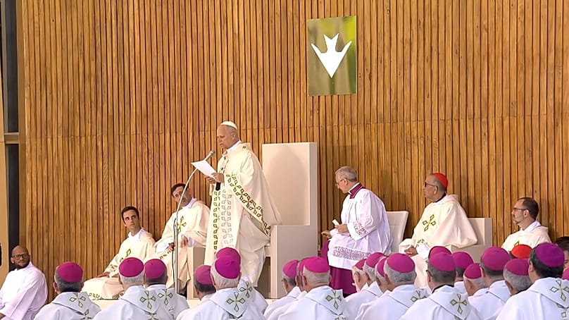 El Papa León XIV dando su homilía, Madrid, España. 7 de junio de 2026