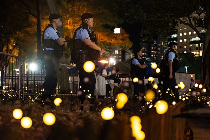 Police officers stand guard at the Victoria Park in Hong Kong, 4 June, 2026