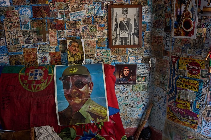 Images of Raúl Castro, Che Guevara and José JuliánMartí decorate a wall in a souvenir shop in Havana, 2 June, 2026