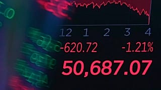 A board above the trading floor of the New York Stock Exchange displays the closing number for the Dow Jones industrial average. 3 June  2026. 