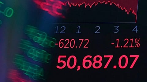 A board above the trading floor of the New York Stock Exchange displays the closing number for the Dow Jones industrial average. 3 June  2026. 