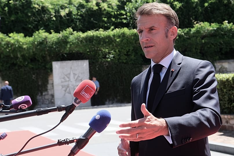 French President Emmanuel Macron speaks with the media as he arrives for the EU-Western Balkans summit in Tivat, 5 June, 2026