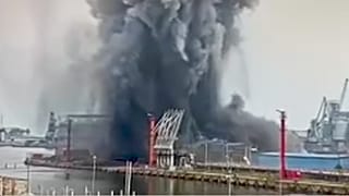 Moment a drone strikes a port in Romania