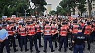 Police officers block a street during a demonstration in Tirana, 3 June, 2026