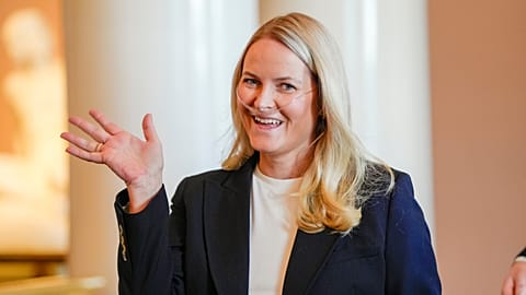 Norway's Crown Princess Mette Marit gestures during a reception for Norwegian athletes who competed in the Milan Cortina Paralympics, in Oslo, Friday, April 10, 2026.