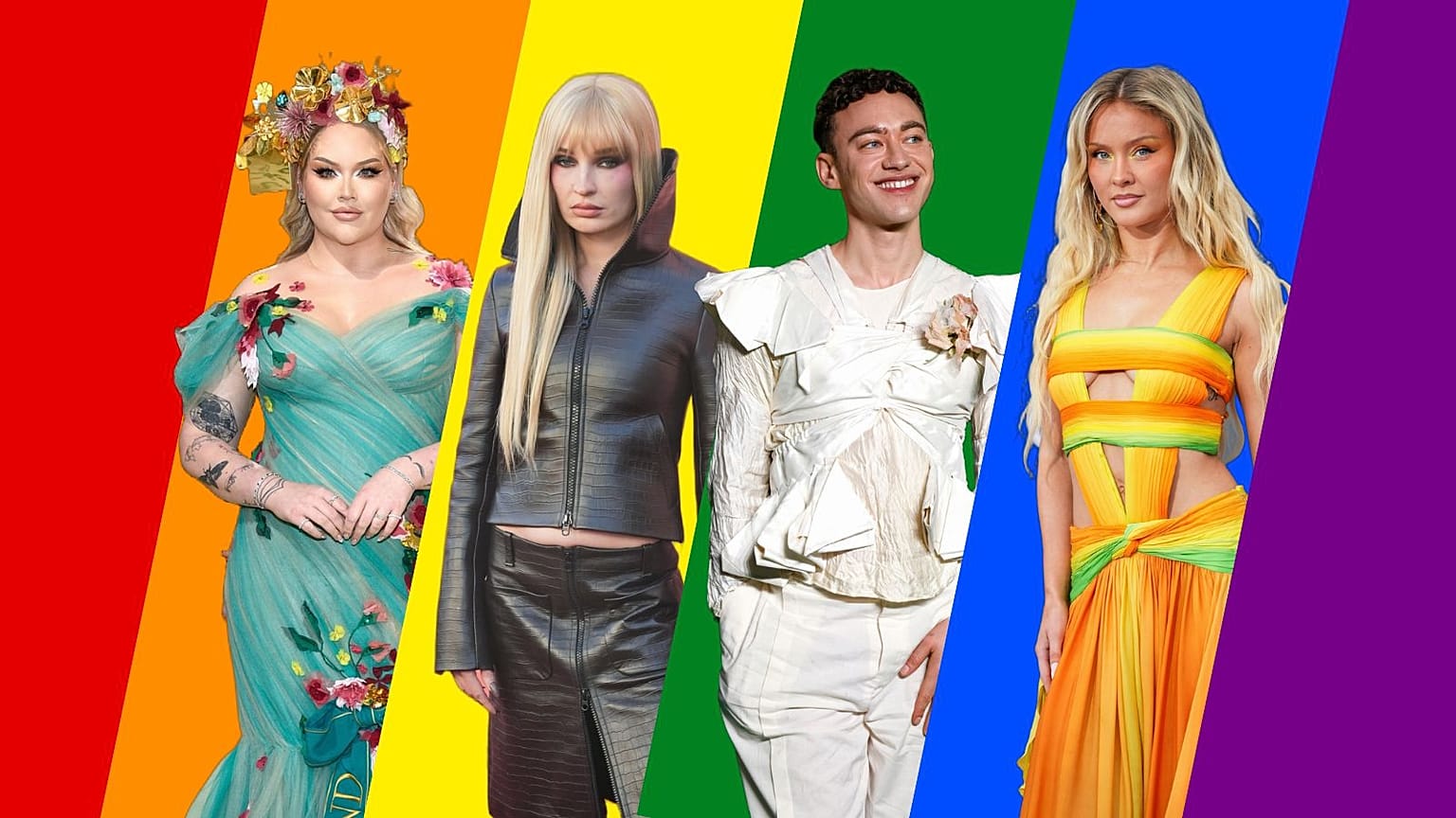 Kim Petras, Nikkie de Jager, Olly Alexander i Zara Larsson na tle tęczowej flagi