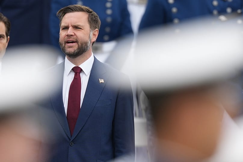 US Vice President JD Vance looks on as cadets march on to the field during the United States Air Force Academy Graduation Ceremony at Falcon Stadium, 28 May, 2026