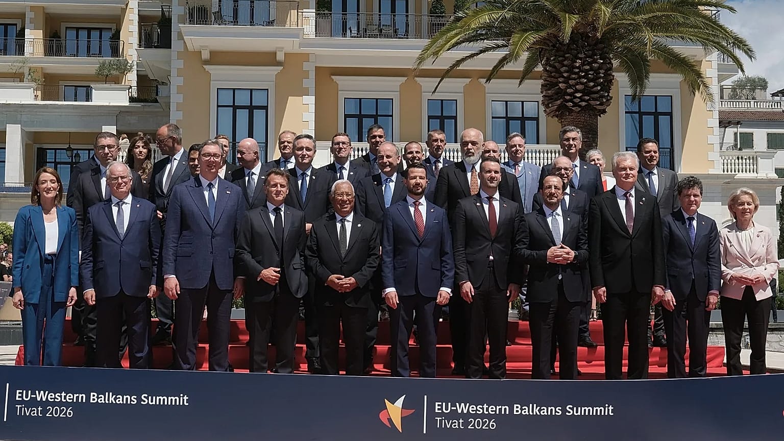 U leaders and officials from the candidate countries pose for the family photo of the EU-Western Balkans summit in the Montenegrin coastal town of Tivat, Friday, June 5, 2026.