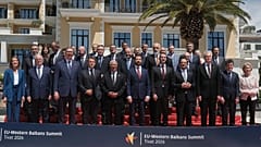 U leaders and officials from the candidate countries pose for the family photo of the EU-Western Balkans summit in the Montenegrin coastal town of Tivat, Friday, June 5, 2026.