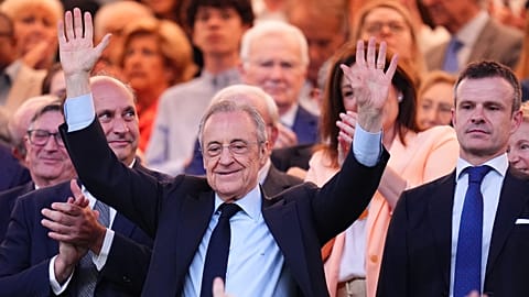 ARQUIVO: O presidente do Real Madrid, Florentino Pérez, durante um jogo de futebol no Santiago Bernabéu, em Madrid, em 23 de maio de 2026