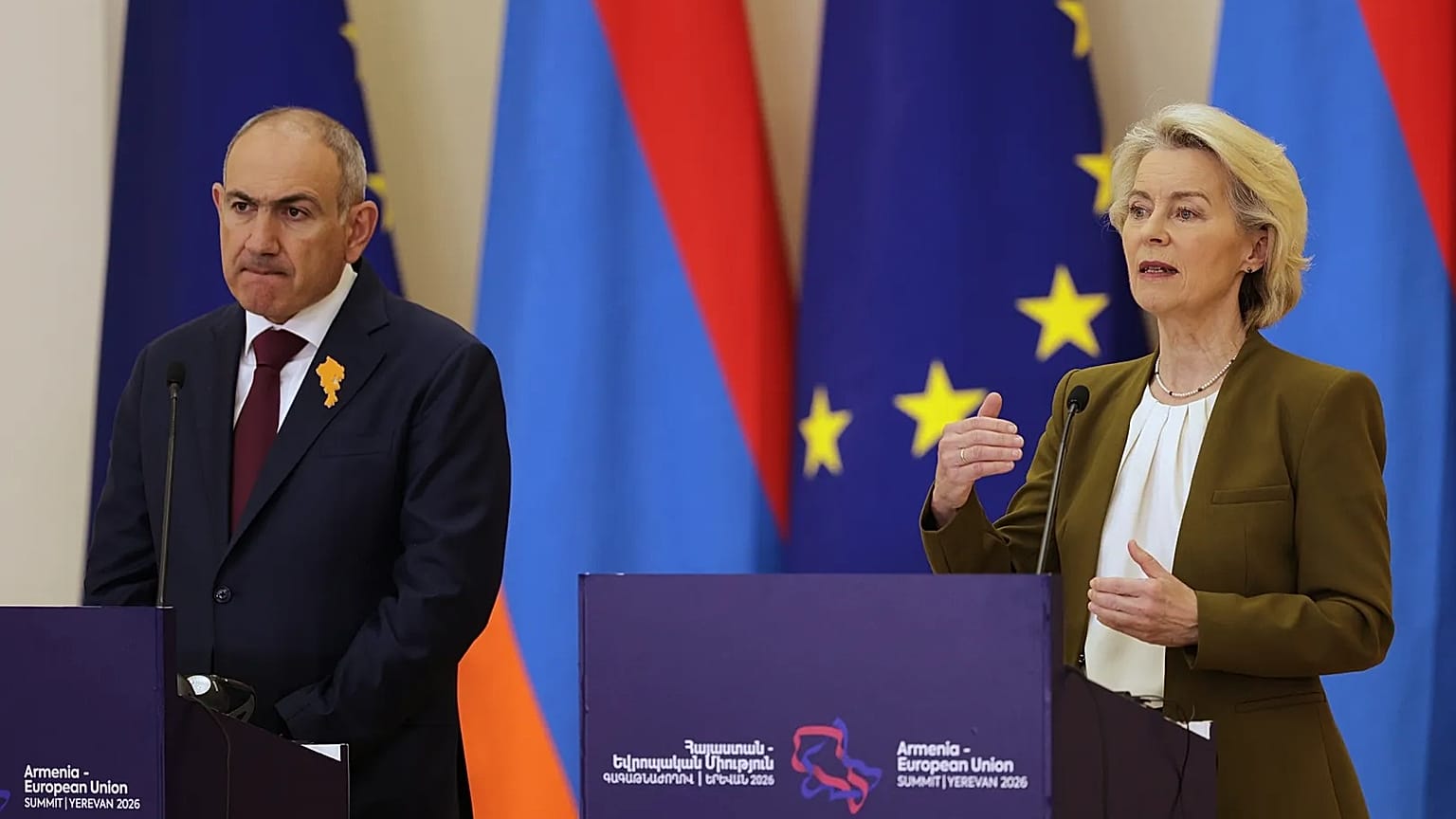 Armenia's Prime Minister Nikol Pashinyan and European Commission President Ursula von der Leyen at the Presidential Palace in Yerevan, Armenia 5 May 2026. 
