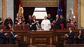 Papa Leone XIV incontra i membri del Parlamento spagnolo al Congresso dei Deputati, a Madrid, lunedì 8 giugno 2026