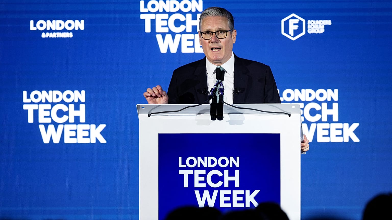 UK Prime Minister Keir Starmer delivers a speech at London Tech Week 2026.