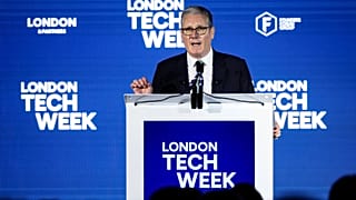 UK Prime Minister Keir Starmer delivers a speech at London Tech Week 2026.