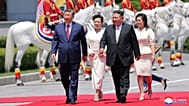 Chinese President Xi Jinping, his wife Peng Liyuan, North Korean leader Kim Jong Un and his wife his wife Ri Sol Ju, attend a welcome ceremony in Pyongyang, June 8, 2026.