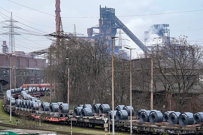 Steel on coil cars ahead of transport at the main factory of struggling steel producer ThyssenKrupp in Duisburg, Germany, Feb. 2025