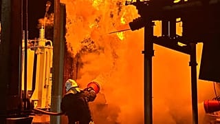 Rettungskräfte löschen einen Brand in einer Energieanlage nach einem russischen Angriff auf Odessa, am achten Juni 2026.