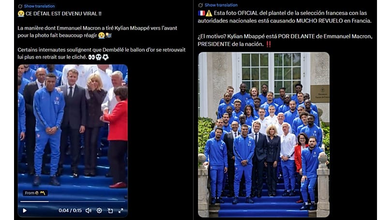 Macron’un Mbappe’yi kendine doğru çektiğini ve Fransız milli takım fotoğrafında futbolcunun cumhurbaşkanının önünde yer aldığını öne süren paylaşımlardan bazıları