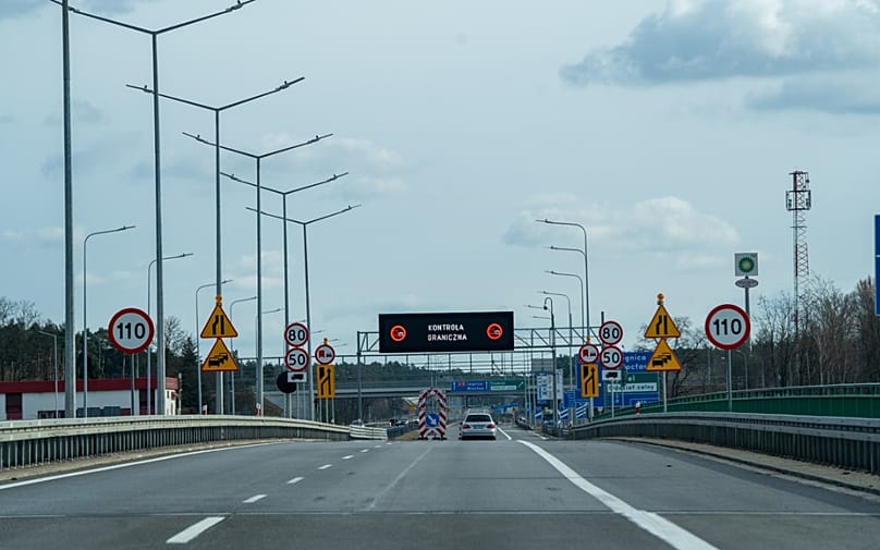 A18 Germany–Poland border crossing with Kontrola Graniczna border control active. Photographed during field research drive, March 2026.