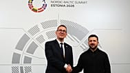 Estonia's Prime Minister Kristen Michal and Ukraine's President Volodymyr Zelenskyy shake hands in Tallinn, 9 June, 2026