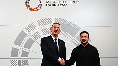 Estonia's Prime Minister Kristen Michal and Ukraine's President Volodymyr Zelenskyy shake hands in Tallinn, 9 June, 2026