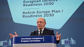 European Commissioner for Defence and Space Andrius Kubilius speaks during a media conference at EU headquarters in Brussels, Wednesday, March 19, 2025. 