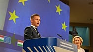 European Commission President Ursula von der Leyen, right, and Hungary's Prime Minister Peter Magyar address the media at EU headquarters in Brussels, Friday, May 29, 2026. (A