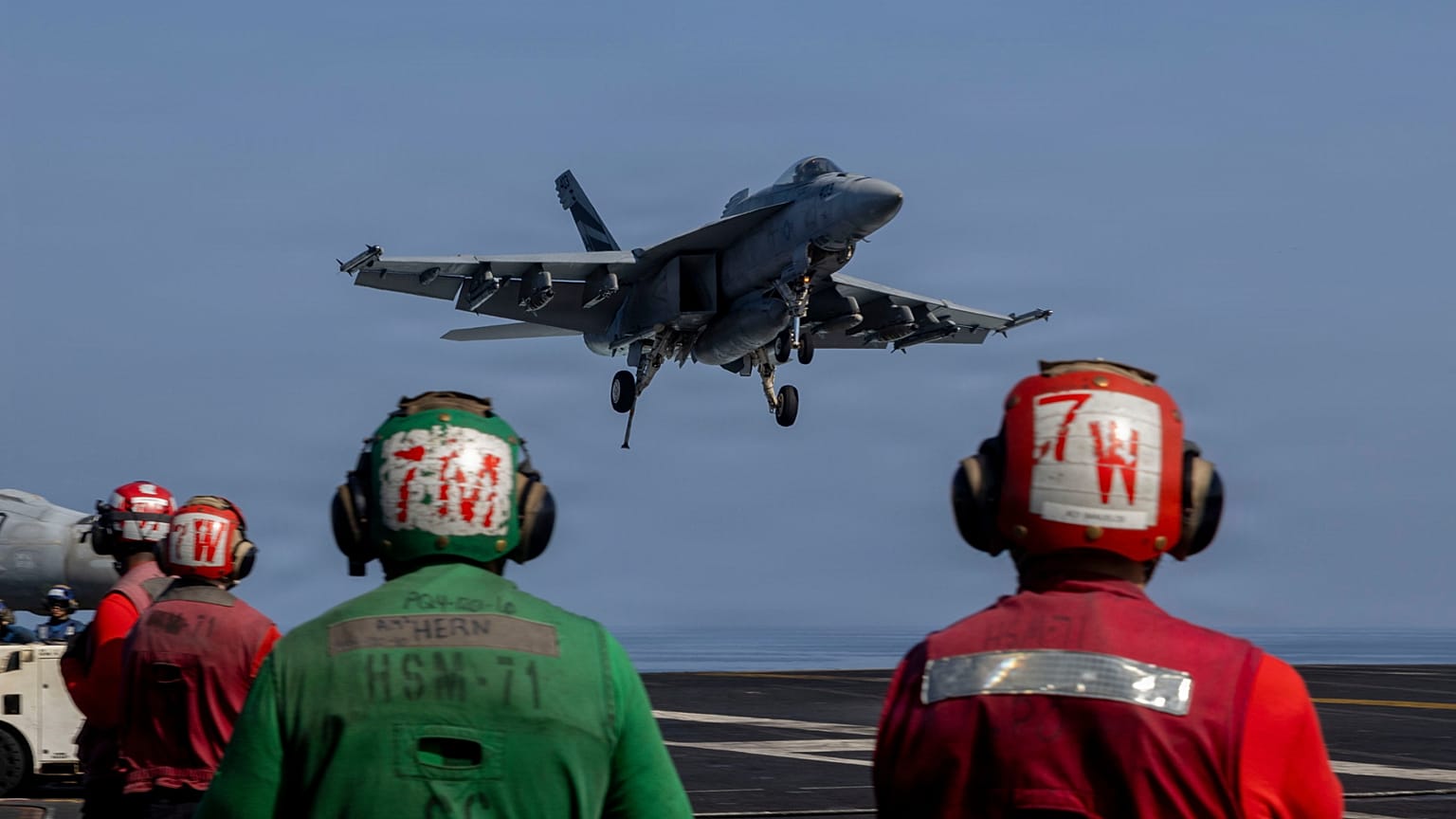 FILE: An F/A-18E Super Hornet preparing to make an arrested landing on the USS Abraham Lincoln (CVN 72) in support of Operation Epic Fury on 2 March 2026