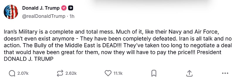 A screenshot of a post on US President Donald Trump's Truth Social account, 10 June, 2026