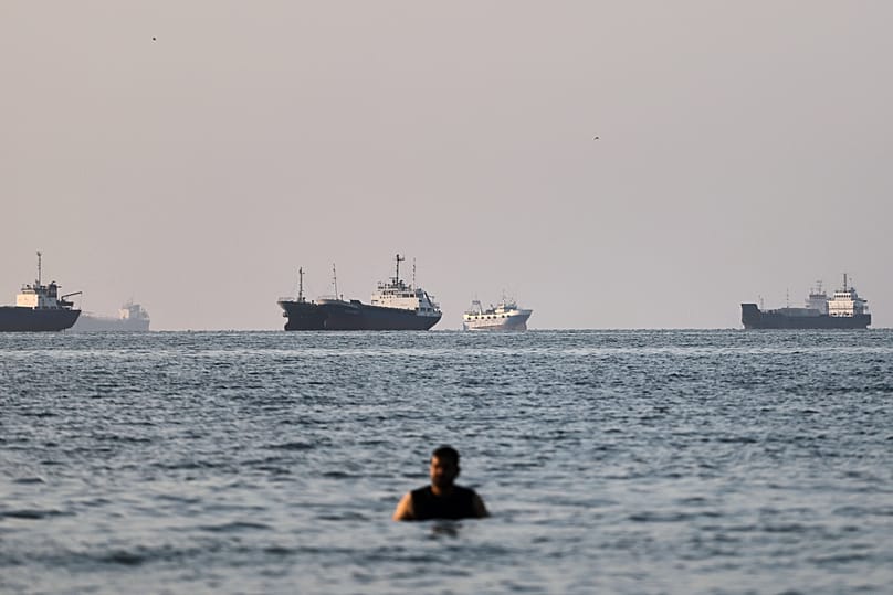 A person stands on shallow water as cargo and commercial vessels are anchored in the Strait of Hormuz off Bandar Abbas, 8 June, 2026