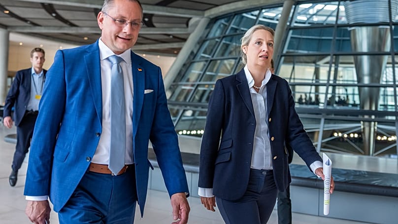 AfD-Coparteivorsitzende Tino Chrupalla und Alice Weidel im Bundestag, 19. Mi 2026