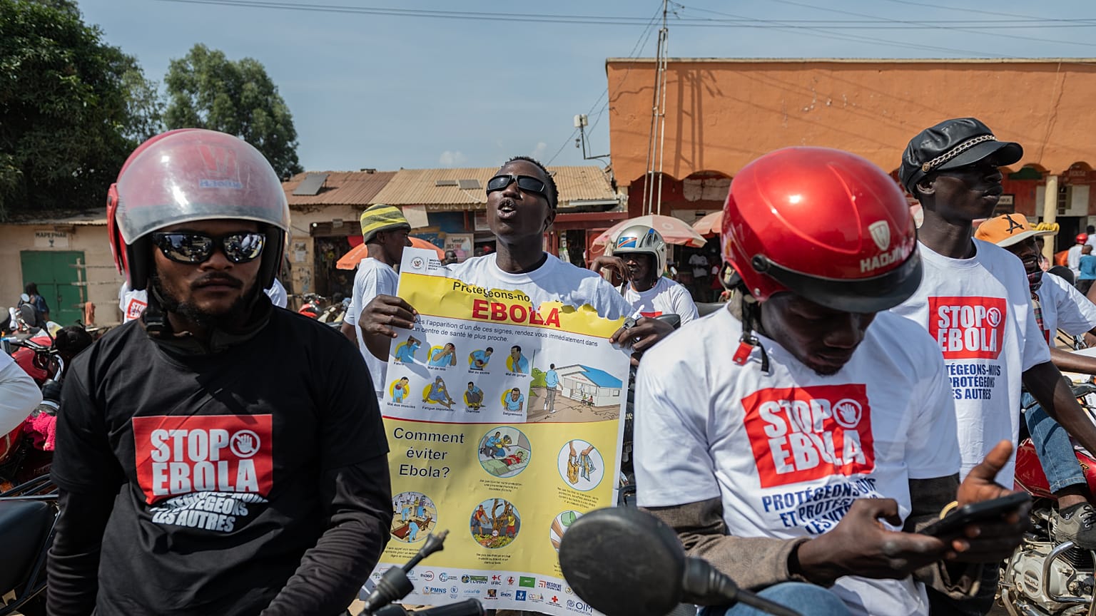 Motorcyclists join an awareness campaign organized by the World Health Organization (WHO) to combat Ebola in Bunia, Congo, Wednesday, June 10, 2026