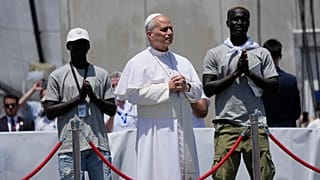 Pope Leo XIV attends a meeting with organisations working with migrants in Arguineguin at the Canary Islands, Spain, Thursday, June 11, 2026.