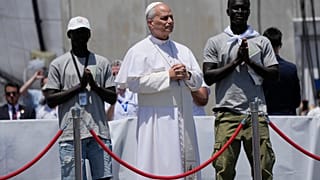 Pope Leo XIV attends a meeting with organisations working with migrants in Arguineguin at the Canary Islands, Spain, Thursday, June 11, 2026.