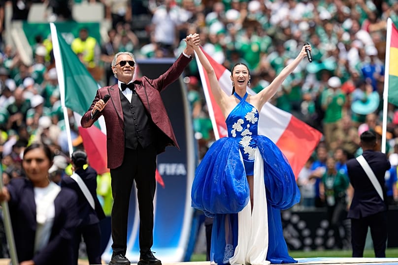 Andrea Bocelli and South Korean singer EJAE perform during the opening ceremony of the World Cup Group prior to Mexico vs South Africa in Mexico City on 11 June 2026