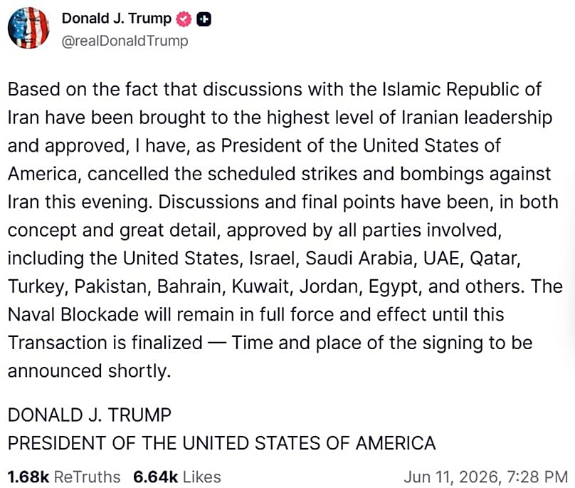 A screenshot of a post on US President Donald Trump's Truth Social account, 11 June, 2026