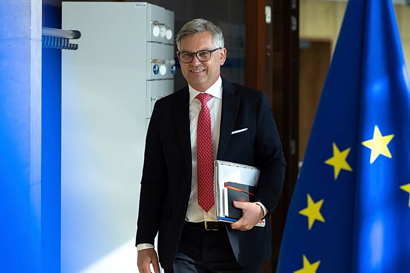 European Commissioner for Internal Affairs-Migration Magnus Brunner arrives for the weekly college of commissioners meeting at EU HQ in Brussels, Wednesday, May 21, 2025