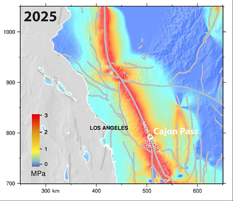 This chart shows stress levels (measured in megapascals) of the San Andreas fault system.