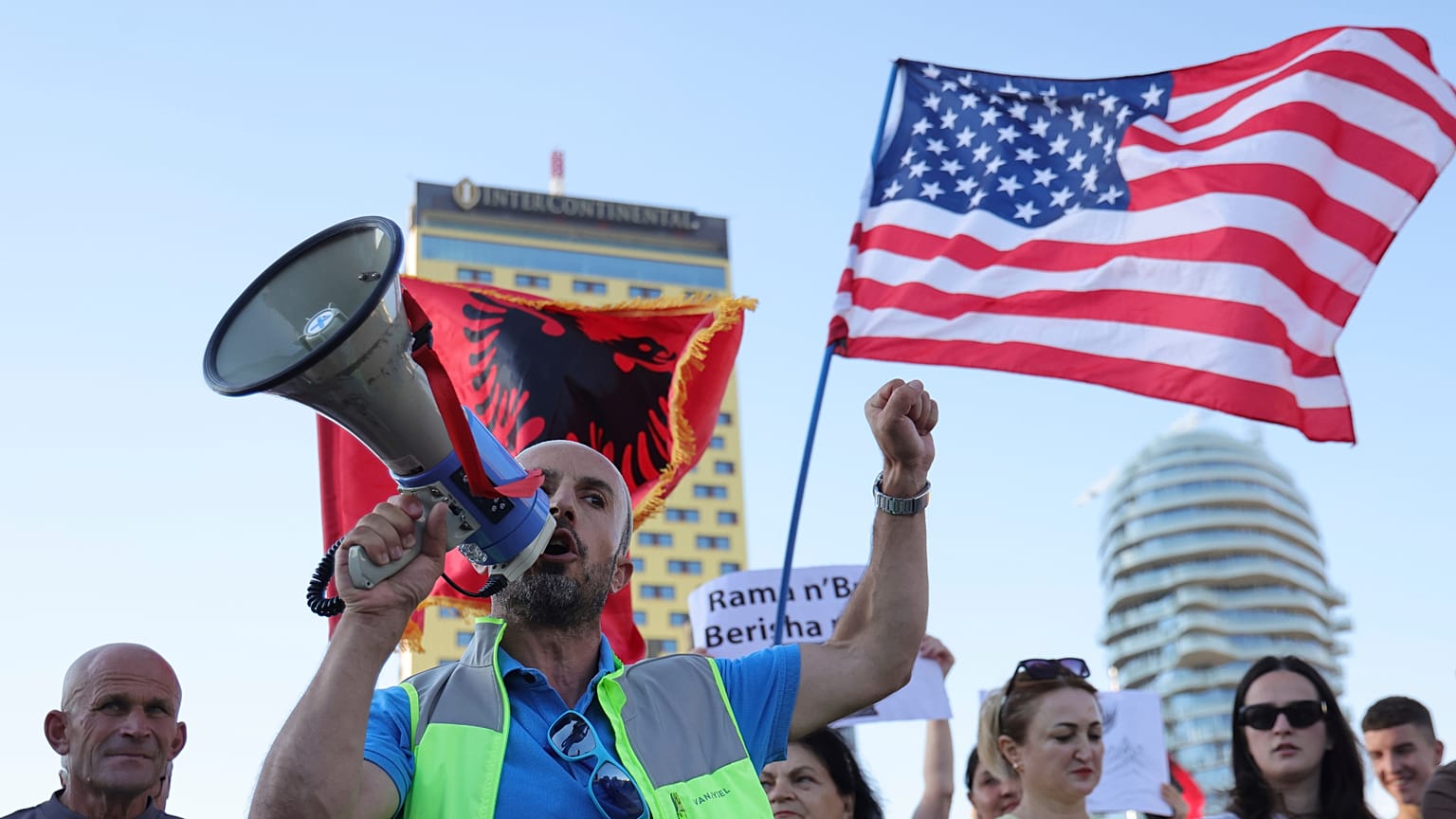 Protesters take part in a rally in Tirana, Albania, Tuesday, 9 June 2026.